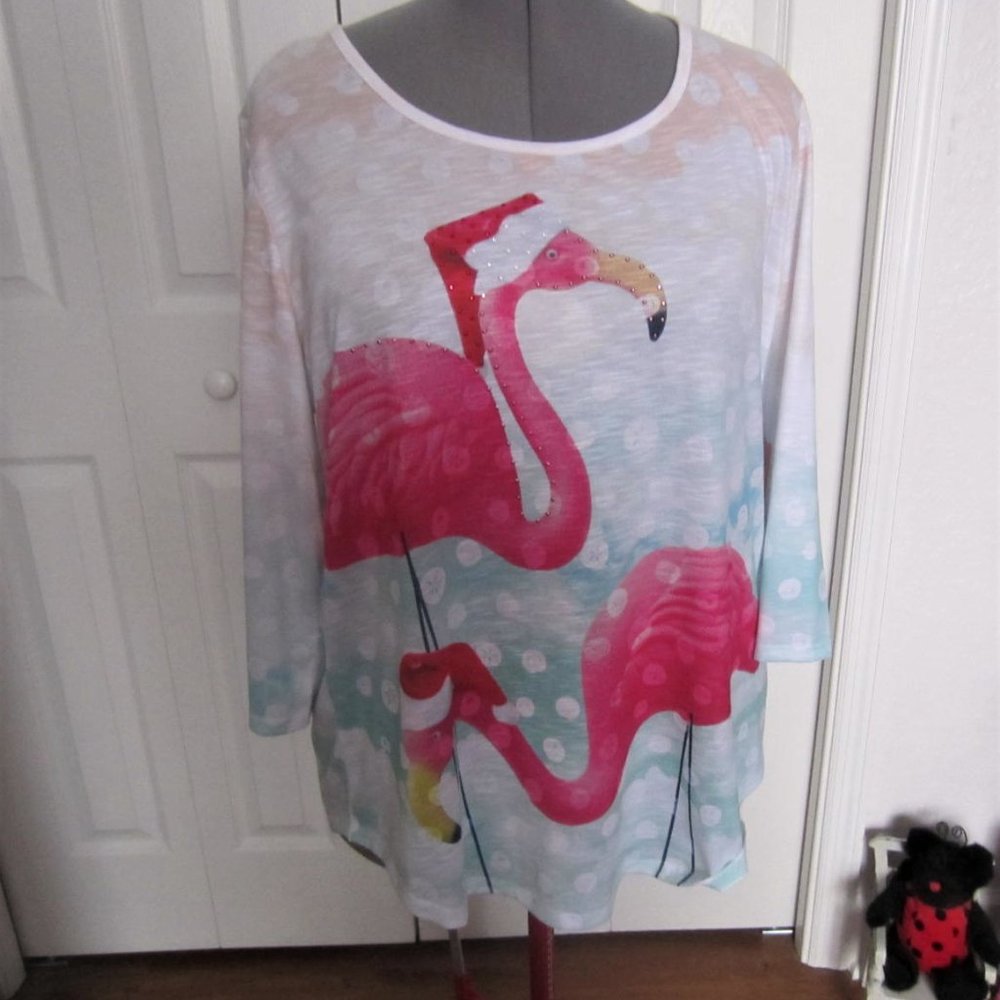 1X Flamingo Christmas Top--Tropical Santa Flamingos-Embellished--NWT - Picture 3 of 7